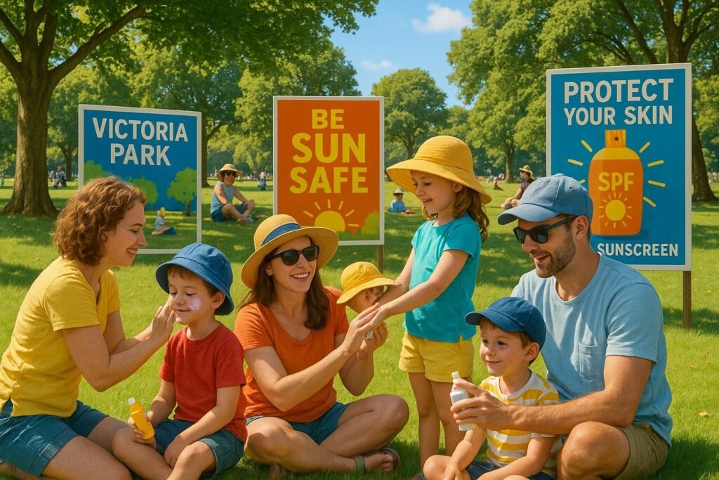 "Families enjoying a sunny day at Victoria Park, Guerney, with people applying sunscreen, wearing hats and sunglasses, and sun safety campaign signs visible in the background."