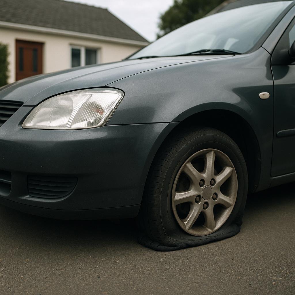 "Damaged tyres of a car parked in a suburban neighbourhood in Guernsey, hinting vandalism under natural daylight, with a partial view of a residential home in the background."
